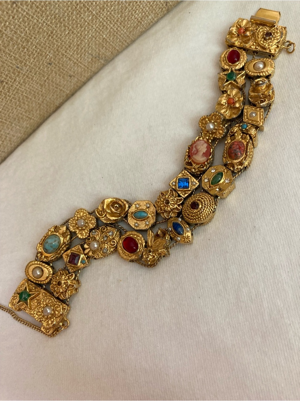 Goldette Signed Vintage Double Slide Bracelet Cameos Faux Gemstones